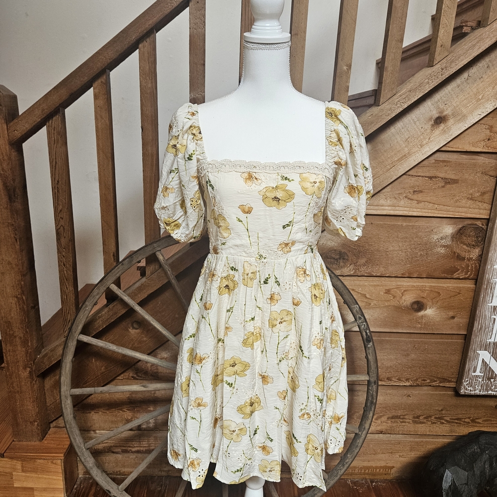 By Together Cream Mini Dress with Yellow Floral Print